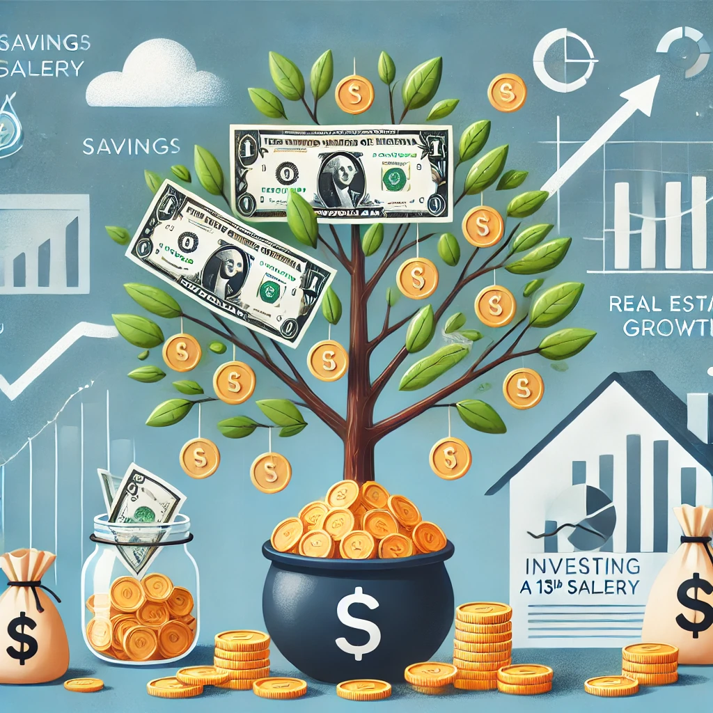 DALL·E-2024-10-01-20.13.11-An-illustration-representing-the-concept-of-investing-a-13th-salary-wisely.-The-scene-shows-a-tree-growing-from-a-pile-of-coins-symbolizing-wealth-gr Décimo Terceiro Salário: Como Fazer Seu Dinheiro Render